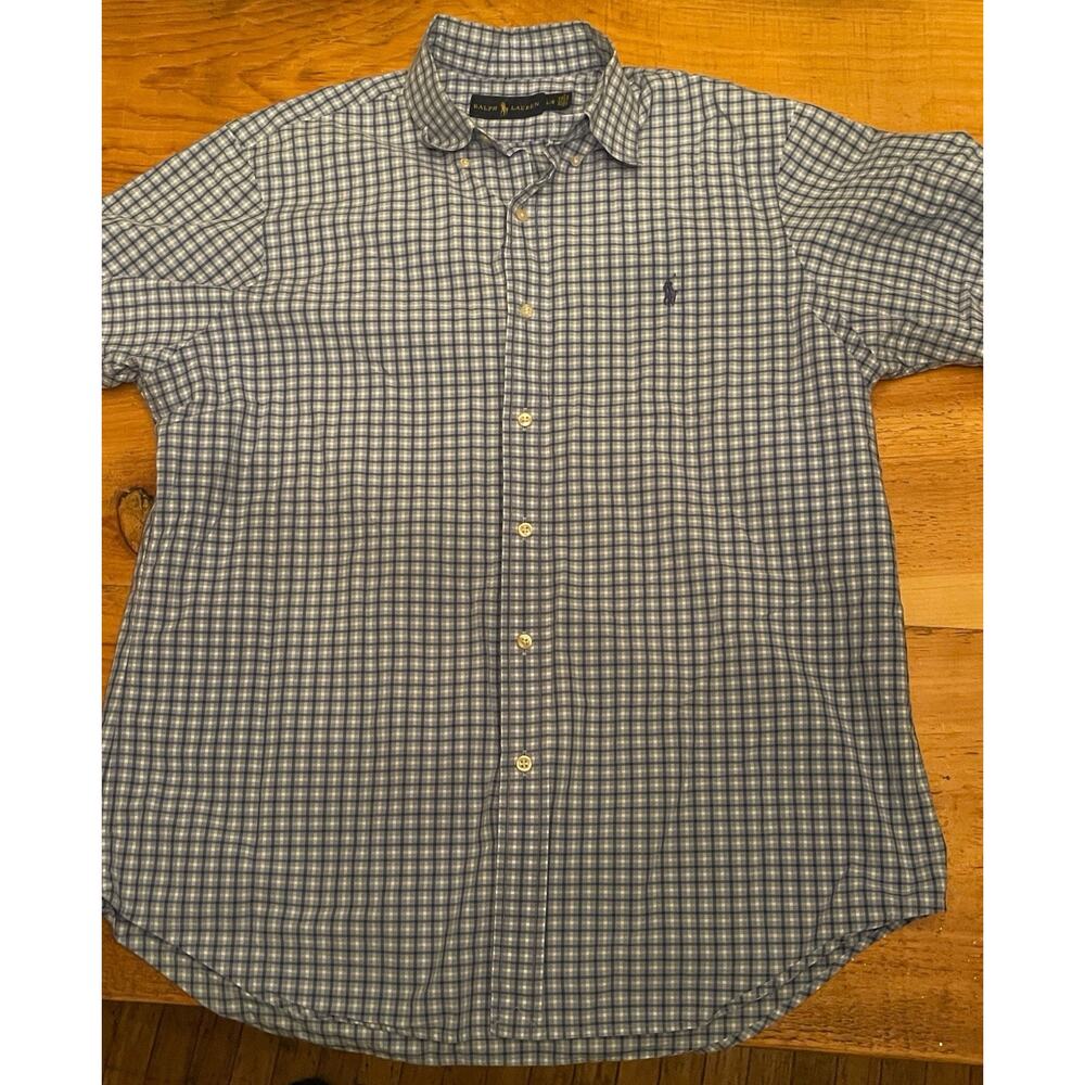 Ralph Lauren Blue Oxford Shirt Button Down Short Sleeve Blue Plaid Mens Large
